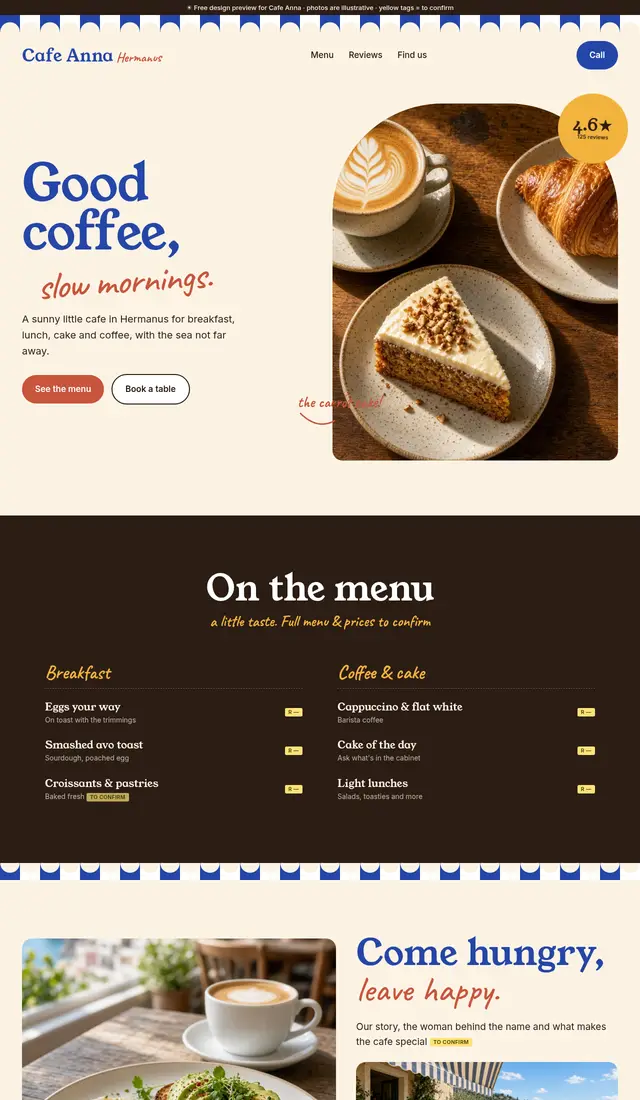 Homepage of the Cafe Anna concept site