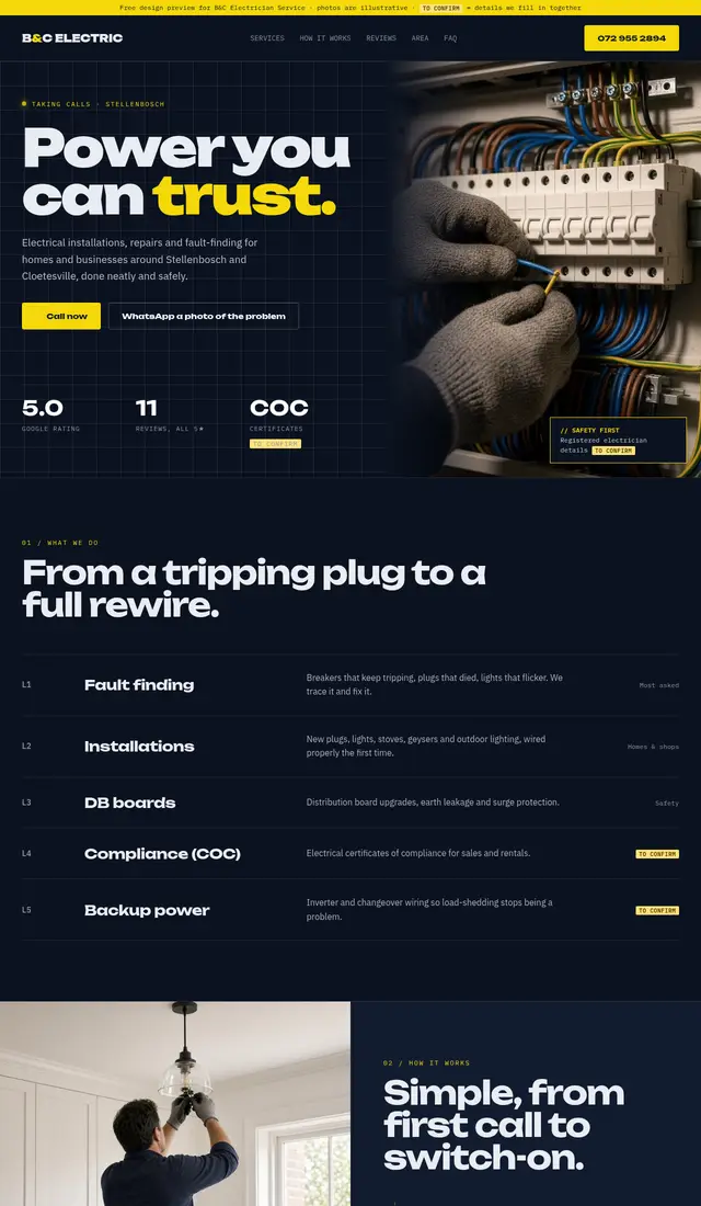 Homepage of the B&C Electrician Service concept site