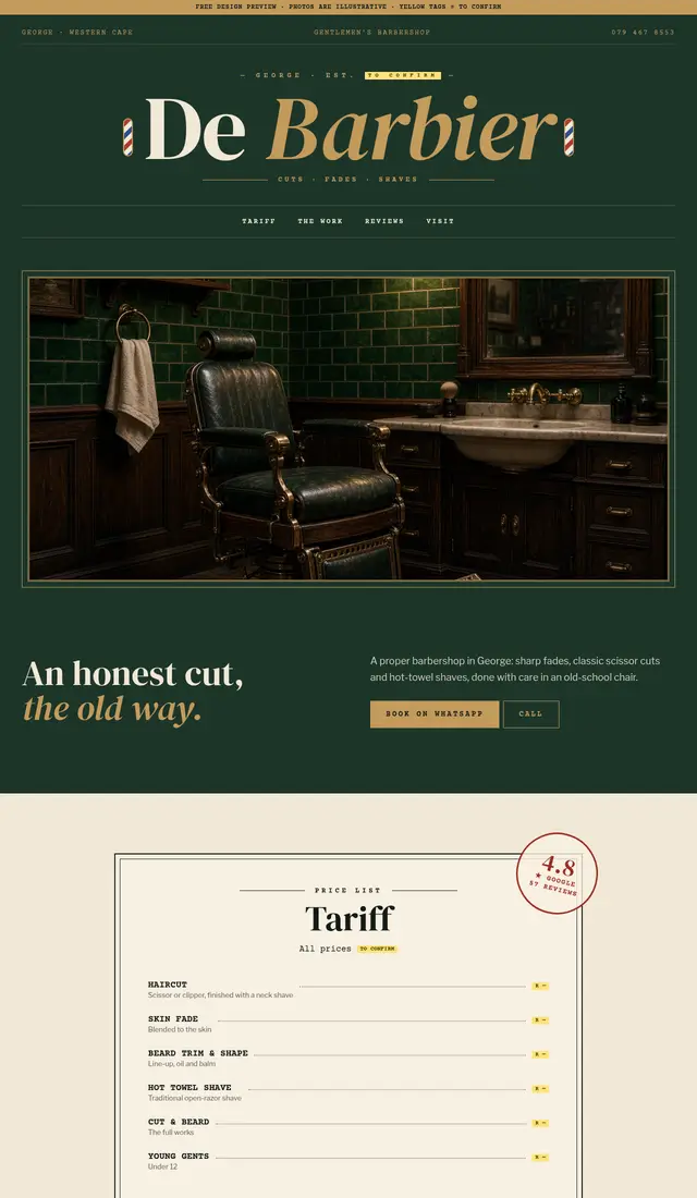 Homepage of the De Barbier Barbershop concept site