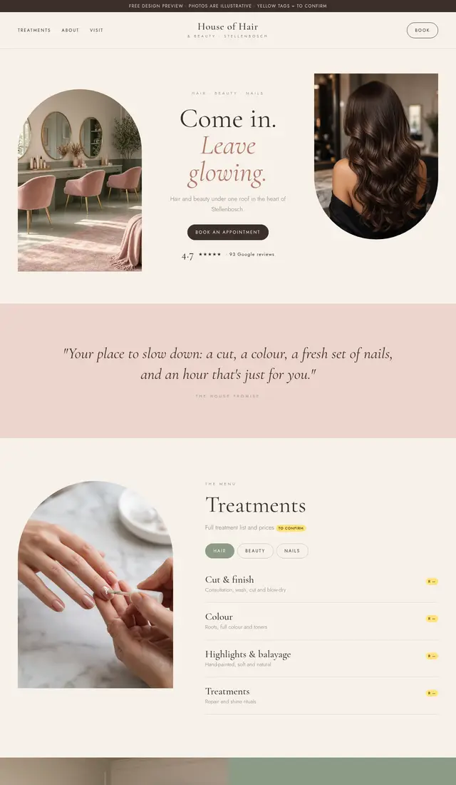 Homepage of the House of Hair and Beauty concept site
